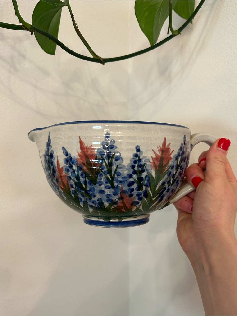 Hand-Painted Blue Floral Ceramic Stoneware Mixing Batter Bowl with Spout